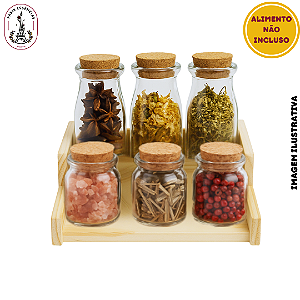 Kit Porta-Tempero com Suporte em Madeira – 6 Potes de Vidro (100ml e 50ml) com Tampa de Rolha