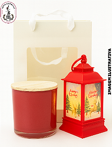 Kit Brilho de Natal – Copo com Tampa Madeira + Luminária Vermelha