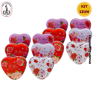 Kit Latas Metal Decorativa Coração Floral - 12unidades 100ml