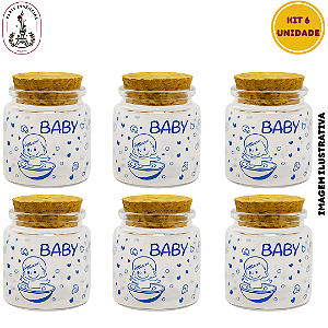 Kit 6 Potes de Vidro Baby Azul C/Tampa Rolha - 60ml