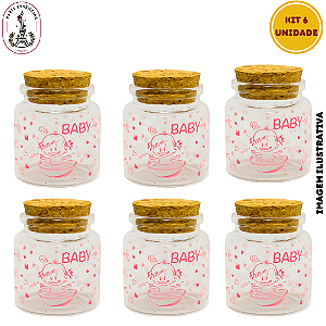 Kit 6 Potes de Vidro Baby Rosa C/Tampa Rolha - 60ml