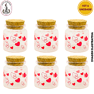 Kit 6 Potes de Vidro Estampa Coração Vermelhos C/Tampa Rolha - 60ml
