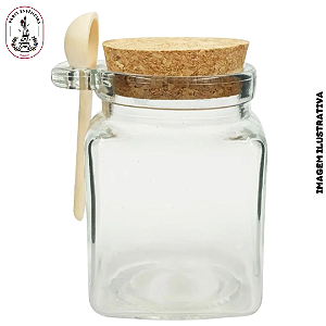 Pote em Vidro Quadrado C/Tampa Rolha e Colher - 260ml