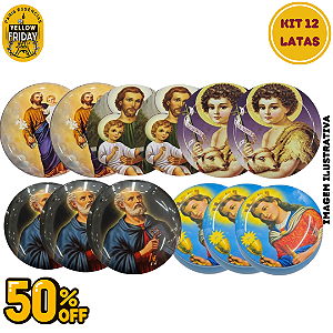 Kit 12 Latas Decoradas Religiosas – Estampas Variadas | 50% de Desconto