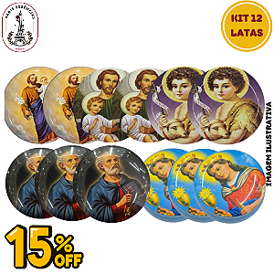 Kit 12 Latas Decoradas Religiosas – Estampas Variadas | 15% de Desconto