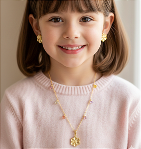 Conjunto infantil ponto de luz com extensor de flor (BANHADO A OURO 18k)