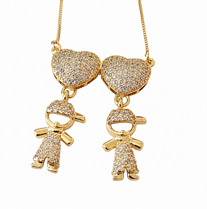 Colar-Filhos dois menino- todo cravejado de micro zircônia cristal (BANHADO A OURO 18K)