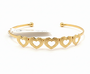 Bracelete aro fino com cinco coração vazado texturizado (BANHADO A OURO 18K)