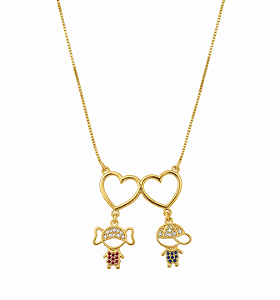 Colar-Filhos- dois coração vazado com extensor de menino e menina (BANHADO A OURO 18K)