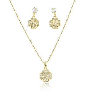 Conjunto de trevo cravejado (BANHADO A OURO 18K)