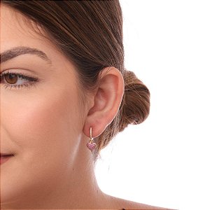 Brinco Argola Articulada Coração Cravejado FÚCSIA (BANHADO A OURO 18K)