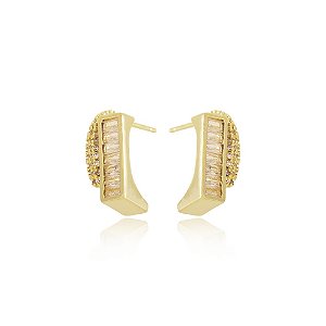 Brinco meia argola cravejada com detalhe retangular (BANHADO A OURO 18K)