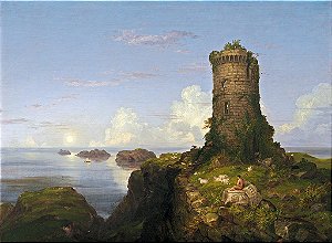 Cena da costa italiana com torre em ruínas - Thomas Cole