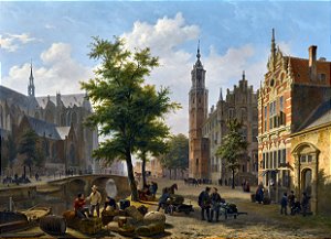 Um movimentado mercado em uma cidade holandesa - Bartholomeus Johannes van Hove