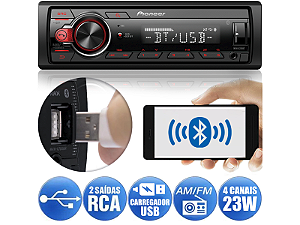 Media Receiver Pioneer MVH-S218BT Bluetooth 2 Saídas RCA Bluetooth Android Iphone Aux USB 1DIN