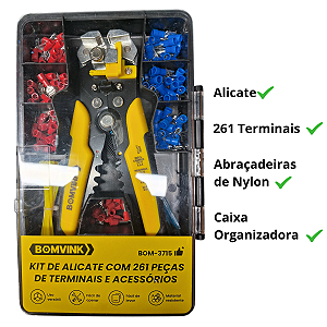Kit Alicate Crimpador De Terminais Elétricos E Acessórios 261 Peças Com Maleta Bomvink BOM-3715