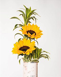 ARRANJO AFETO - PEQUENO COM GIRASSOL E PLEOMELE VARIEGATA NO CILINDRO