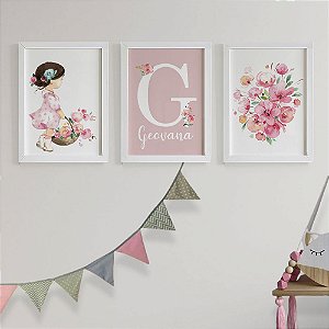 Quadros para quarto de bebê Jardim Menina Rosa com inicial do nome