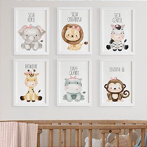 Quadros Quarto bebê Safari Aquarela Menina com frases