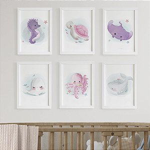 Quadros para quarto de bebê fundo do mar Menina Aquarelado