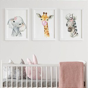Quadro Safari Baby Aquarela Menina Elefante Girafa Zebra