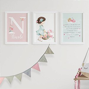 Quadros para quarto de bebê Santo Anjo do Senhor Menina Inicial e Nome