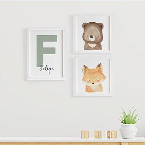 Quadros para quarto de bebê Ursinho Raposinha Inicial e Nome