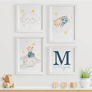 Quadros para quarto de bebê Nuvem Ursinho com Inicial e Nome