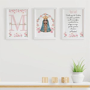 Quadros para quarto de bebê Nossa Senhora e Santo Anjo com Flores Inicial e Nome
