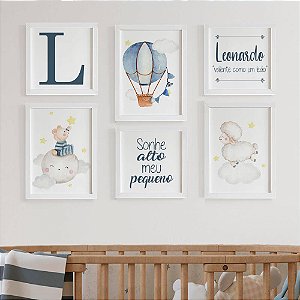 Quadros para quarto de bebê Nuvem Ursinho Balão Ovelha + Nome e significado + Sonhe alto