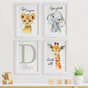 6 Quadros Decoração Quarto Bebe Safari Menino Com Moldura