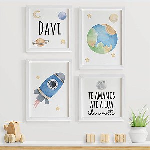 Quadros para quarto infantil Astronauta Foguete com Nome e Frase