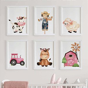 Quadros para quarto de bebê Fazendinha  Menina com Animais e Espantalho