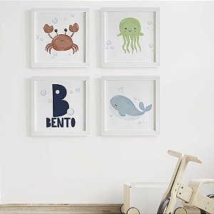 Quadros para quarto de bebê Fundo do Mar Menino com Inicial e Nome Caranguejo Lula Baleia