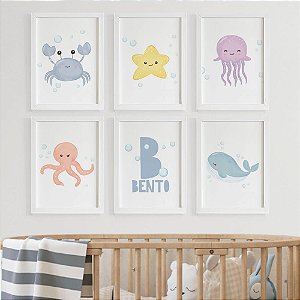 Quadros para quarto de bebê Fundo do mar + Quadro personalizado com Nome