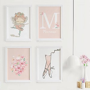 Quadros para quarto de bebê Bailarina Sapatilha  Flores + Quadro com inicial e nome