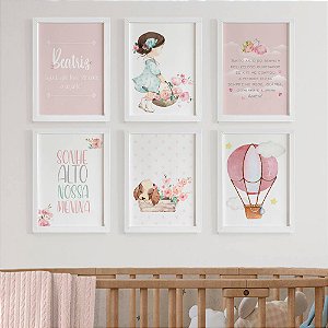 Quadros para quarto de bebê jardim Menina e flores e Quadro Santo Anjo + Nome e Significado