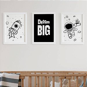 Quadros para quarto de bebê Astronauta Preto e Branco Dream Big
