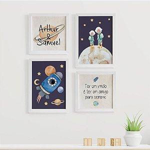 Quadros para Quarto de Irmãos Astronauta com Nomes e Frase