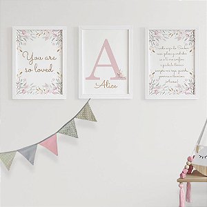 Quadros para quarto de bebê Flores You are so loved Inicial com Nome e Santo Anjo