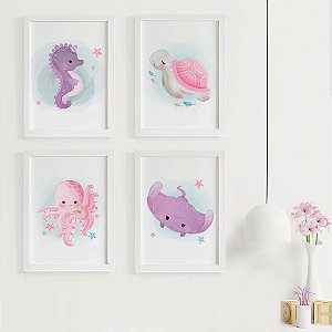 Quadros para quarto de bebê Fundo do Mar Menina Cavalo Marinho Tartaruga Polvo e Raia