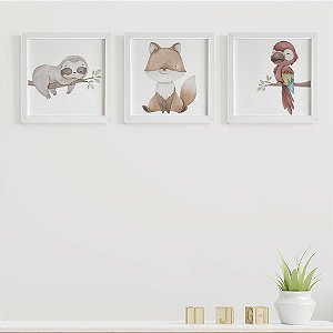 Quadros para quarto de bebê Fauna Brasileira Preguiça Lobo Guará Arara Vermelha