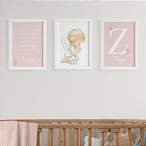 Quadros para quarto de bebê Santo Anjo Menina Anjinho Inicial e Nome