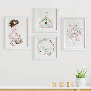 Quadros para quarto de bebê Jardim Menina Casinha e Passarinho Flores