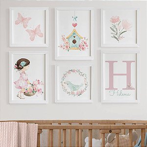 Quadros para quarto de bebê Jardim Borboleta Pássaro