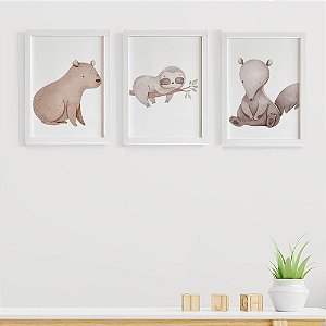Quadros para quarto de bebê Fauna Brasileira Tamanduá Capivara e Preguiça