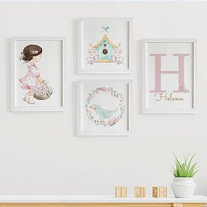 Quadros para quarto de bebê Jardim Menina Casinha Passarinho Inicial e Nome
