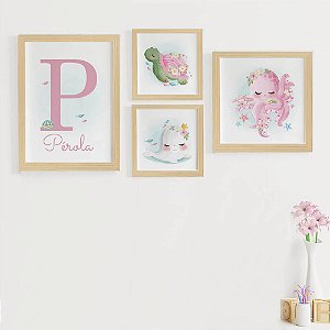 Quadros para quarto de bebê Fundo do mar Menina com Inicial e Nome