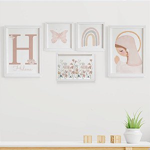 Quadros para quarto de bebê Jardim Borboleta Arco Íris Flores Nossa Senhora Inicial e Nome