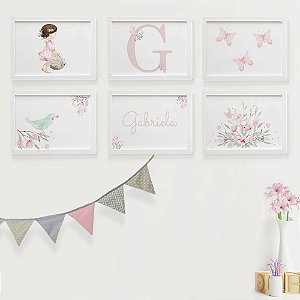 Quadros para quarto de bebê jardim Menina Pássaro Borboletas Flores Inicial e Nome